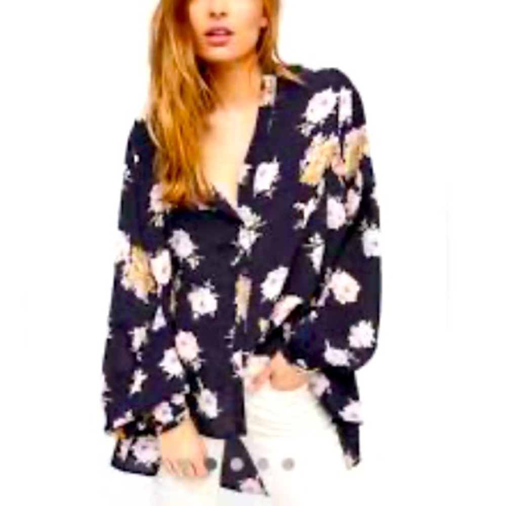 Free People Medium Julia Printed Navy Floral dress or tunic long sleeves EUC! - Picture 1 of 7